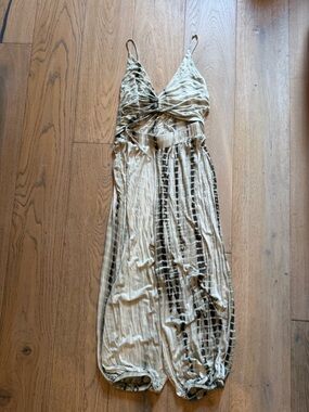 Women's Cream & Brown Tie-Dye Jumpsuit with Spaghetti Straps